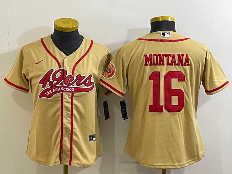Womens San Francisco 49ers #16 Joe Montana Gold With Patch Cool Base Stitched Baseball Jersey